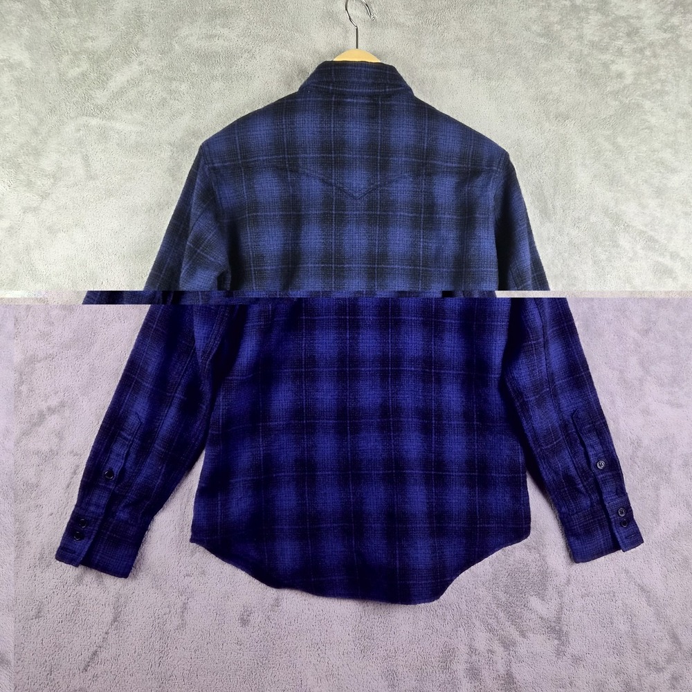 Saint Laurent Paris Shirt Large Navy Blue Plaid 100% Wool Japan Designer Luxury - Picture 2 of 11
